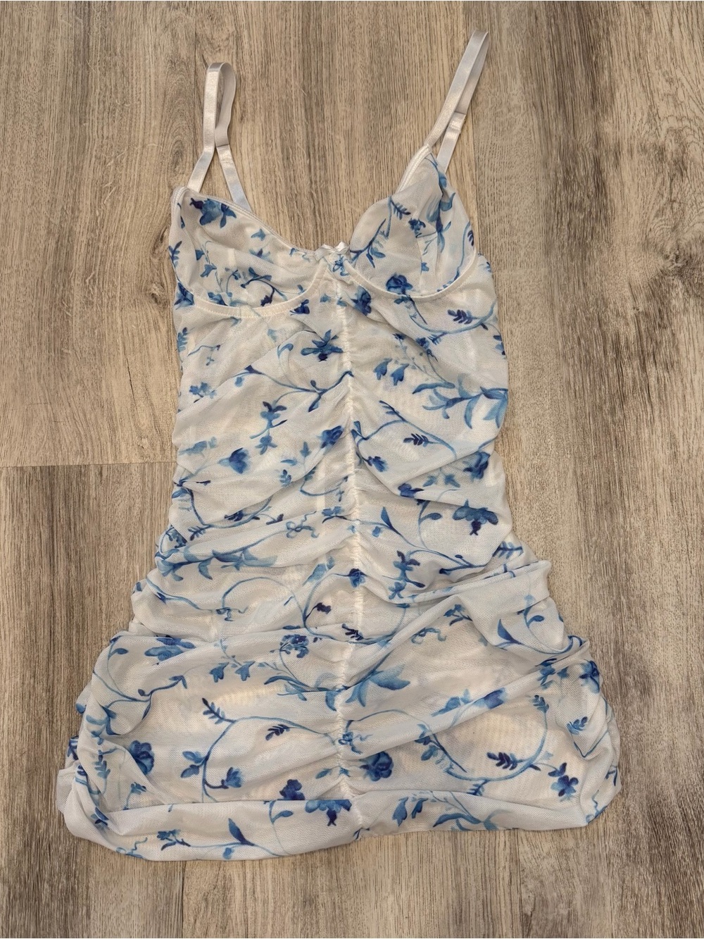 Blue White Floral Sheer Mesh Ruched Mini Dress Size Small Y2K Coquette